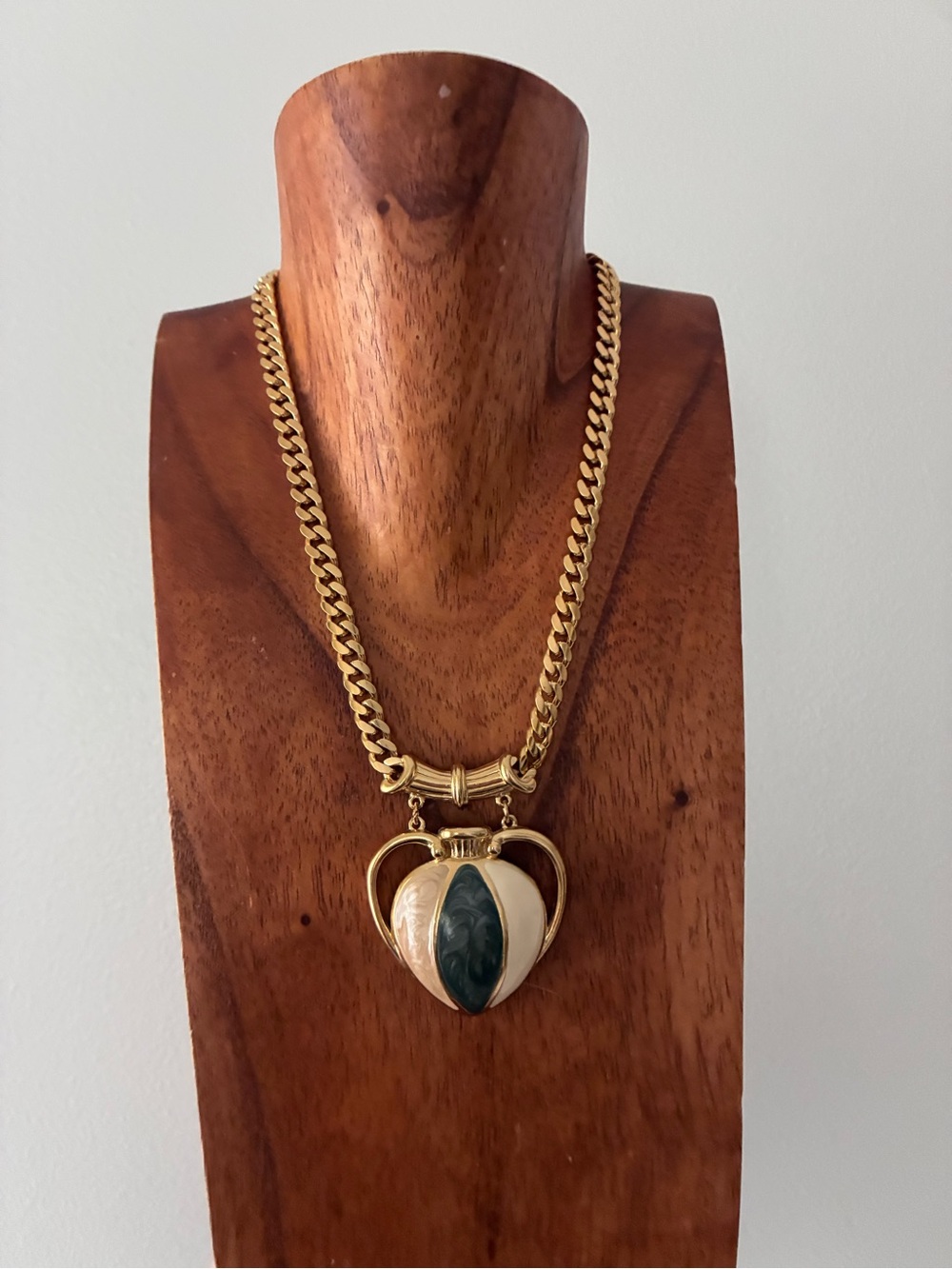 Trifari Gold Tone Necklace with Cream and Dark Green Heart Locket